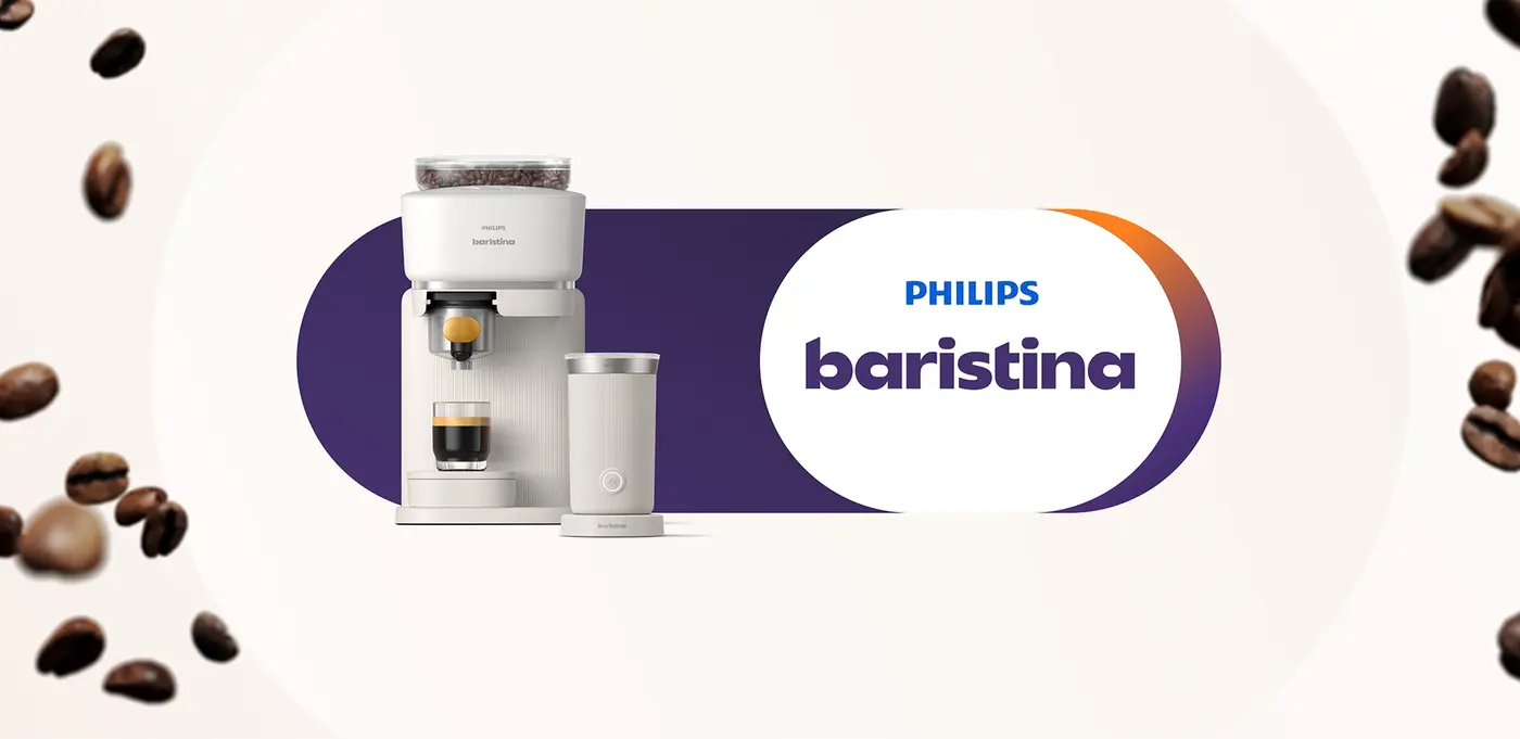 Philips Baristina Espressomaschine mit Produktlogo und Kaffeebohnen