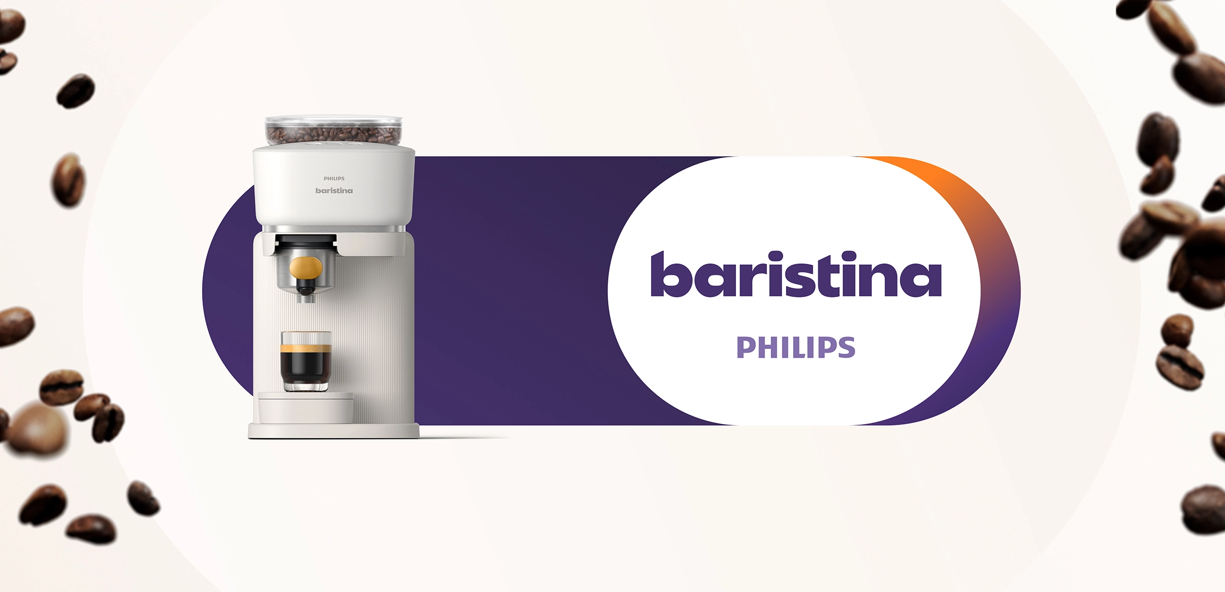 Machine à expresso Philips Baristina avec logo du produit et grains de café